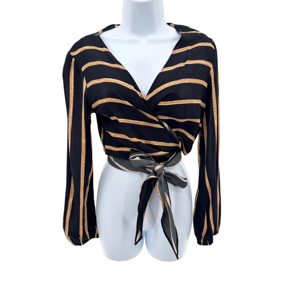 Flynn Skye Black Tan Striped That's a Wrap Crop Top Long‎ Sleeve V-Neck Size L